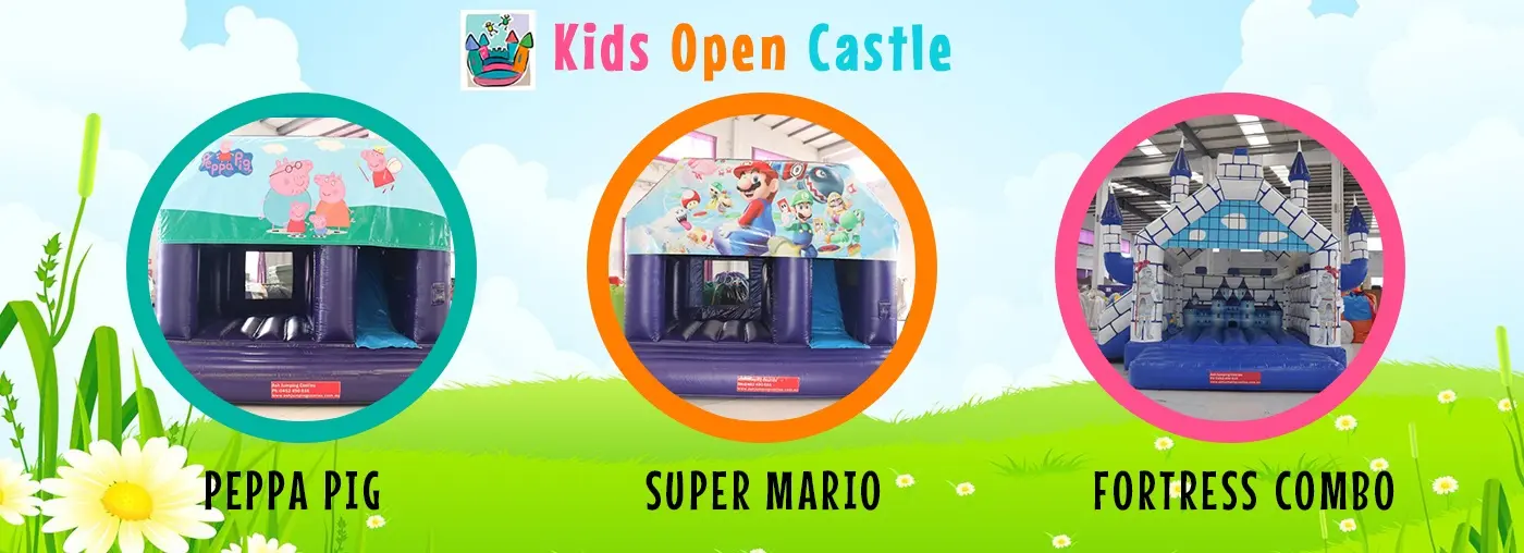 Kids open jumping castle hire Sydney - Peppa Pig, Super Mario and Fortress Combo inflatable castles for children's parties