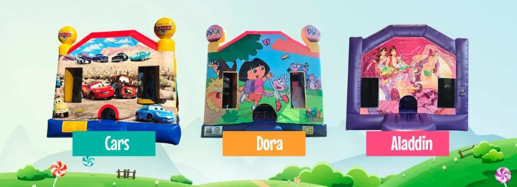 Kids themed jumping castle hire Sydney - Cars, Dora and Aladdin inflatable castles for birthday parties
