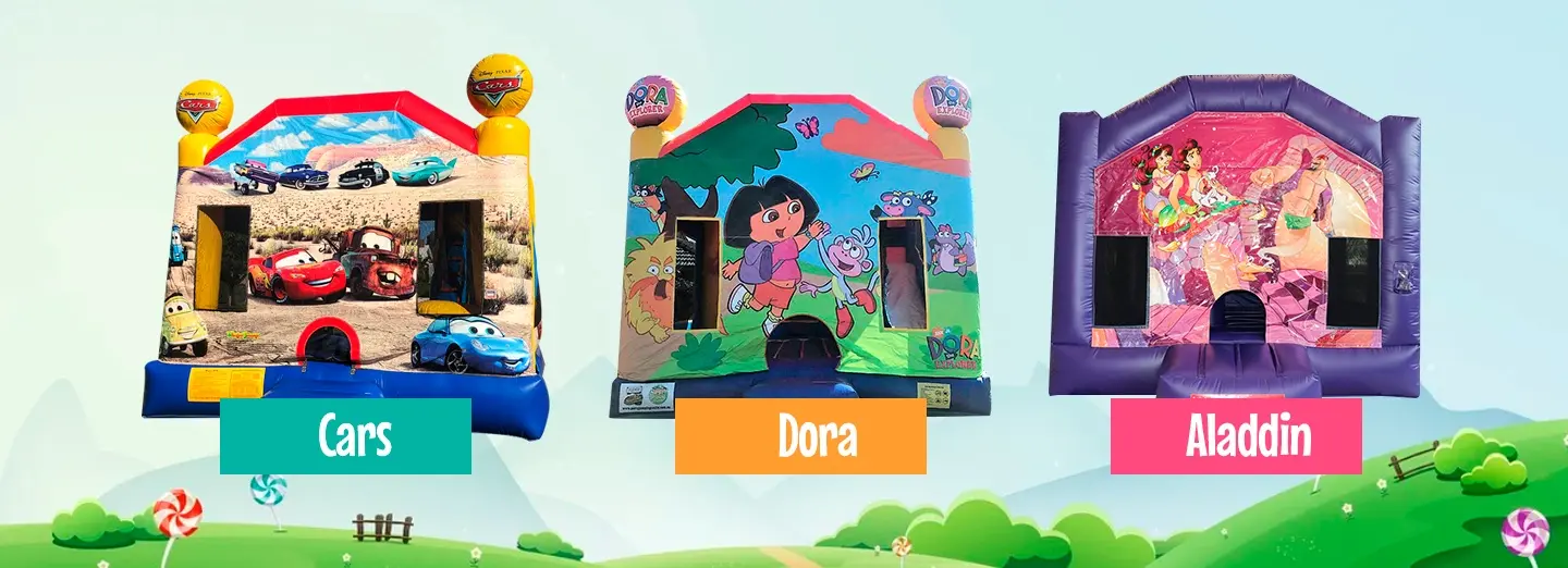 Kids themed jumping castle hire Sydney - Cars, Dora and Aladdin inflatable castles for birthday parties