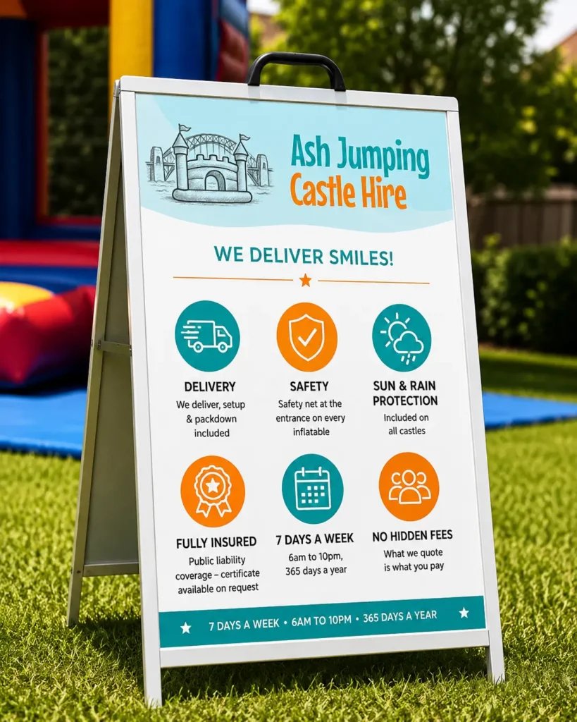 Ash Jumping Castles hire sign showing delivery, safety, insurance and no hidden fees for Blacktown parties