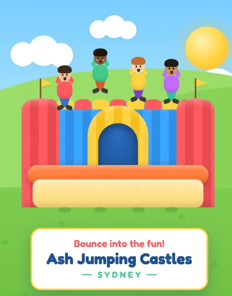 Ash Jumping Castles illustration — kids bouncing on a jumping castle, Western Sydney