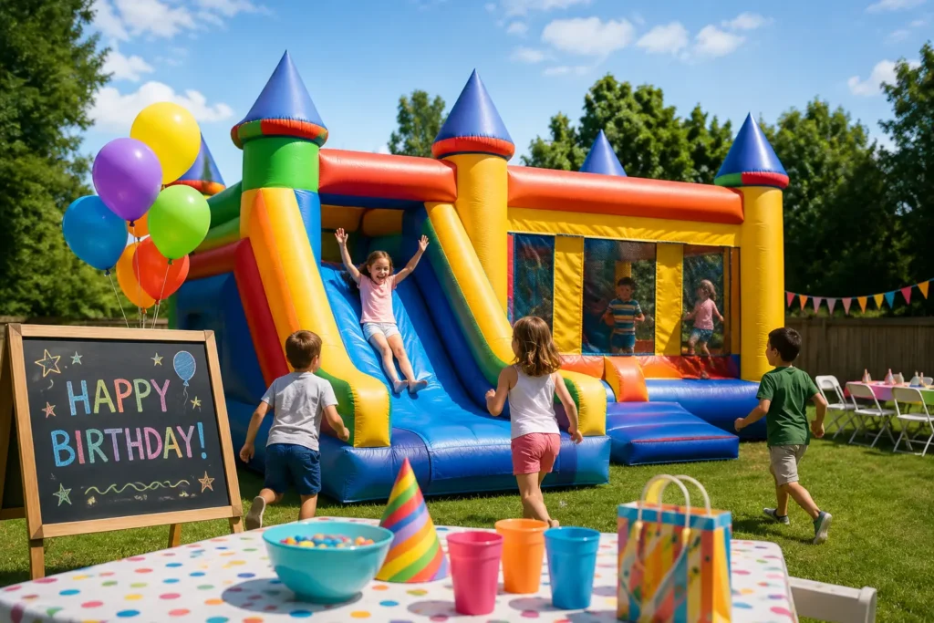 Kids enjoying jumping castle hire at a backyard birthday party in Sydney