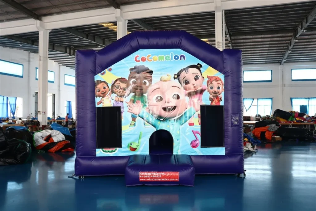 Cocomelon themed jumping castle for toddlers and young kids, available for hire in Fairfield