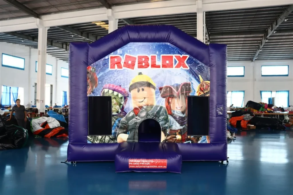 Roblox themed jumping castle set up for a birthday party, available for hire in Baulkham Hills